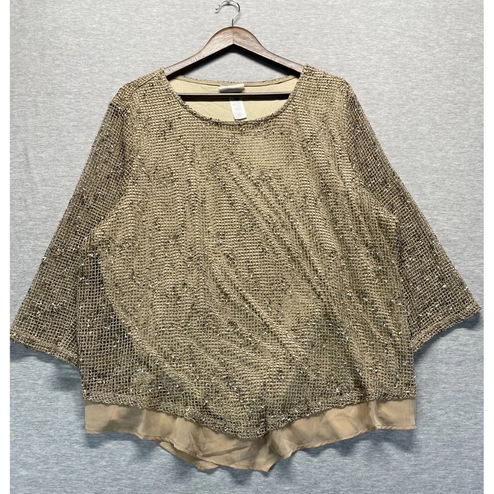 Alfred Dunner Popcorn Mesh Textured Knit Top Women 2X Beige Slightly Hem Layered